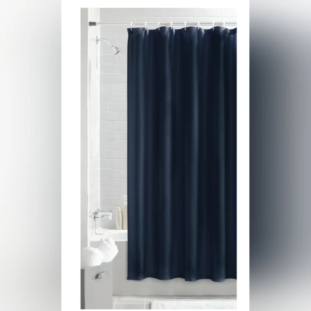 Washable Navy Blue Shower Curtain & Mat